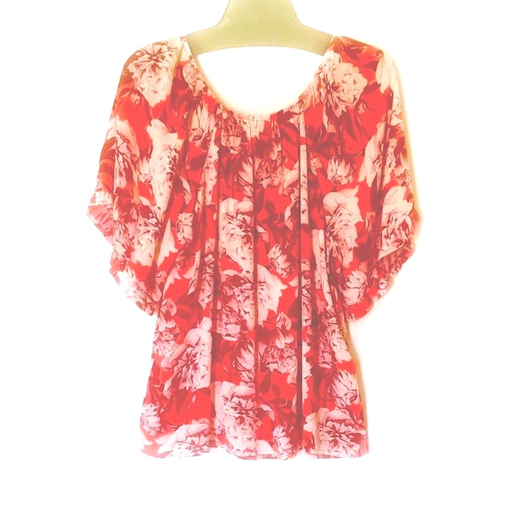 Bobeau Casual Blouse in Deep Reds and Ivory with Dolman Sleeves, Size S